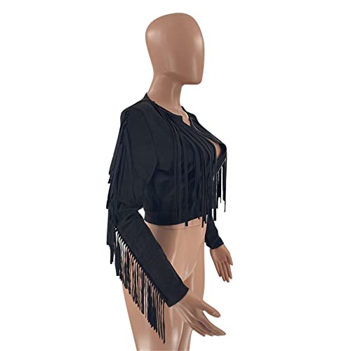 Sexy Tassel Jacket for Women Zip Up Long Sleeve Crewneck Cropped Coats Solid Color Slim Fit Casual Short Jackets (Black,Small)