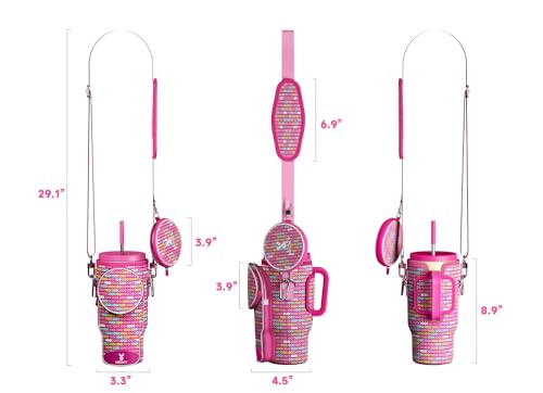 Meoky Water Bottle Carrier Bag with Phone Pocket for 40 oz Tumbler with Handle, Neoprene Water Bottle Holder Pouch with Adjustable Strap, 2 Carabiner Clips (Pink Bunny)