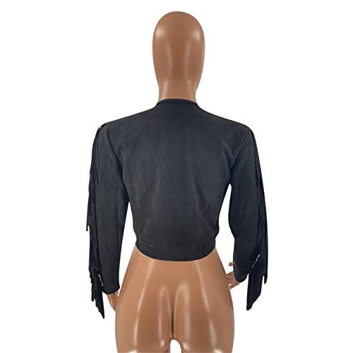 Sexy Tassel Jacket for Women Zip Up Long Sleeve Crewneck Cropped Coats Solid Color Slim Fit Casual Short Jackets (Black,Small)