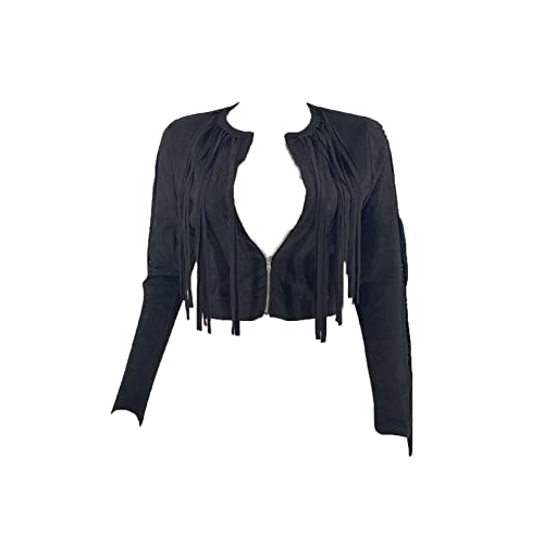 Sexy Tassel Jacket for Women Zip Up Long Sleeve Crewneck Cropped Coats Solid Color Slim Fit Casual Short Jackets (Black,Small)