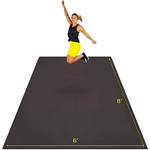 Large Exercise Mat 8' x 6' x 7mm | Ultra-Durable Non-Slip Rubber Workout Mat for Home Gym Flooring | Ideal for Cardio, Fitness, Plyo, MMA and Yoga | Jump Rope and Storage Bag Included - Black