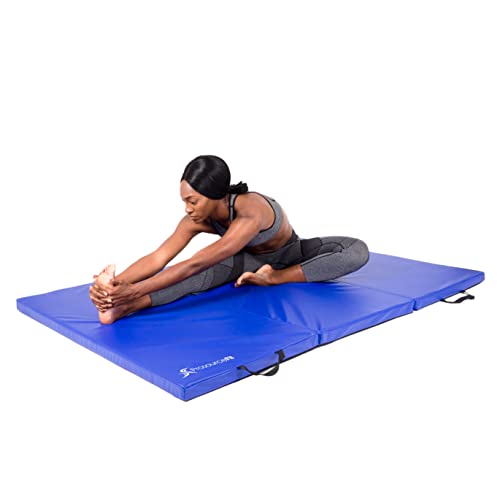 ProsourceFit Tri-Fold Folding Thick Exercise Mat 6’x4’ with Carrying Handles for Tumbling, Martial Arts, Gymnastics, Stretching, Core Workouts, Blue