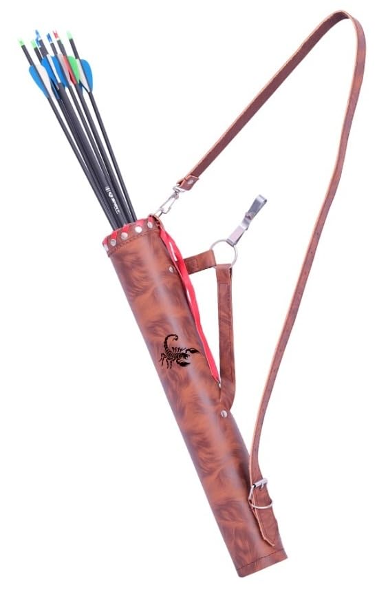 ONLYHANDMADE Traditional Shoulder Back Quiver Bow Leather Arrow Holder with Handmade Straps Belt Bag Tube-shaped Genuine Leather Archery Arrow Case for Hunting & Target Practicing (TIGER BROWN)