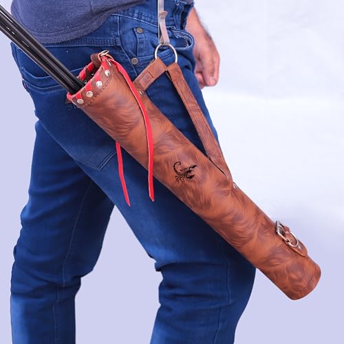 ONLYHANDMADE Traditional Shoulder Back Quiver Bow Leather Arrow Holder with Handmade Straps Belt Bag Tube-shaped Genuine Leather Archery Arrow Case for Hunting & Target Practicing (TIGER BROWN)