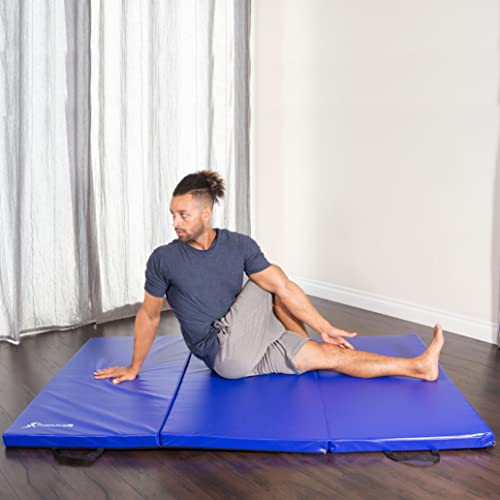 ProsourceFit Tri-Fold Folding Thick Exercise Mat 6’x4’ with Carrying Handles for Tumbling, Martial Arts, Gymnastics, Stretching, Core Workouts, Blue