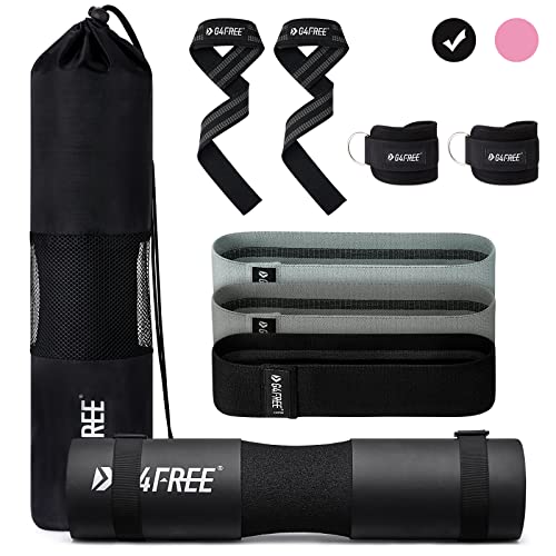 G4Free 9Pcs Barbell Pad Set for Squat, Hip Thrusts, Lunges, Leg day, Standard Olympic Bars with 2 Gym Ankle Safety Straps, 3 Hip Resistance Bands, 2 Lifting Strap, Barbell Pad, and Carry Bag (Black)