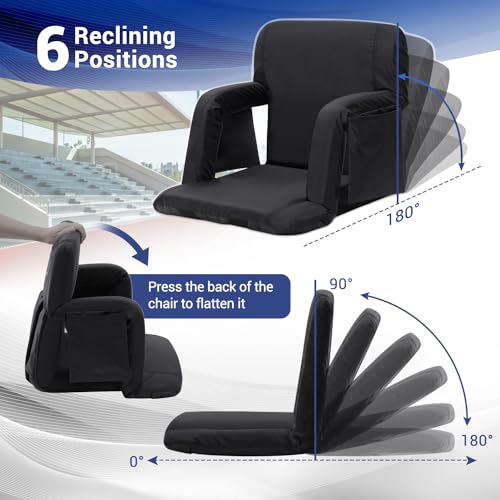 Sportneer Stadium Seats for Bleachers, Bleacher Chairs with Back and Cushion Bleacher Seats with Back Support Padded Stadium Chair with Armrests 6 Reclining Positions for Sport Events Camping Beaches