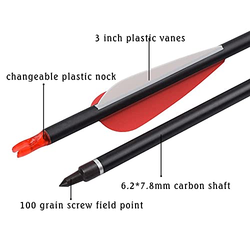 YLSIO Archery Carbon Arrow Hunting Target Practice Arrows 26 Inch with Removable Tips for Compound & Recurve Bow Spine 500 12PCS