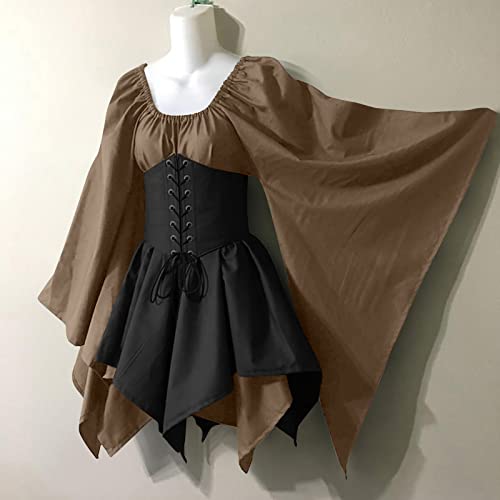 KEGIRLOM Online Shopping for Women Women's Medieval Renaissance Dress Costume Flare Sleeve Corset Skirt Overskirt Elven Archer Irish Over Gown 2pcs Set,Princess Dress Adult