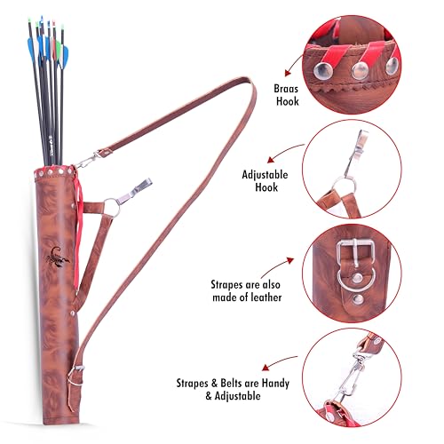 ONLYHANDMADE Traditional Shoulder Back Quiver Bow Leather Arrow Holder with Handmade Straps Belt Bag Tube-shaped Genuine Leather Archery Arrow Case for Hunting & Target Practicing (TIGER BROWN)