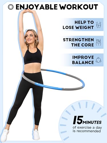 Phobby Weighted Exercise Hoop for Adults, 2.2lb Detachable Fitness Hoop, Adjustable Hoop with Jump Rope, Tape Measure and Carry Bag, Home Gym Workout (Blue Grey)
