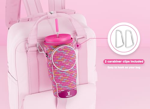 Meoky Water Bottle Carrier Bag with Phone Pocket for 40 oz Tumbler with Handle, Neoprene Water Bottle Holder Pouch with Adjustable Strap, 2 Carabiner Clips (Pink Bunny)