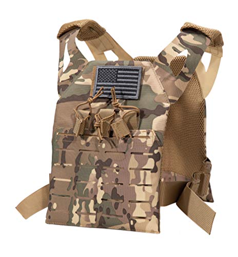 Childrens Tactical Airsoft Paintball Kids Vest, Free US Flag Patch, Mil Spec PALS Laser cut Molle Modular w/Mag Pouches (Multi-cam)
