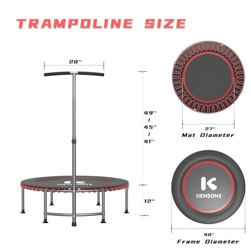 KENSONE 40" Rebounder Trampoline for Adults with Bungee, 450LBS Quiet Mini Exercise Trampoline with Adjustable T-Shaped Foam Handle Bar, Fitness Trampoline for Indoor/Garden/Gym Workout