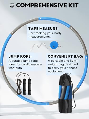 Phobby Weighted Exercise Hoop for Adults, 2.2lb Detachable Fitness Hoop, Adjustable Hoop with Jump Rope, Tape Measure and Carry Bag, Home Gym Workout (Blue Grey)