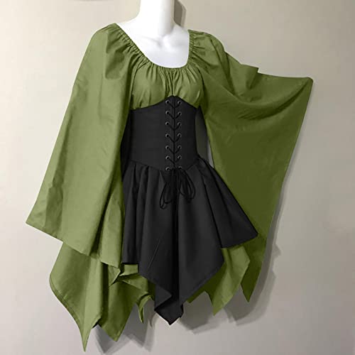 KEGIRLOM Open Box Deals Women's Medieval Renaissance Dress Costume Flare Sleeve Corset Skirt Overskirt Elven Archer Irish Over Gown 2pcs Set,Lolita Dress Goth