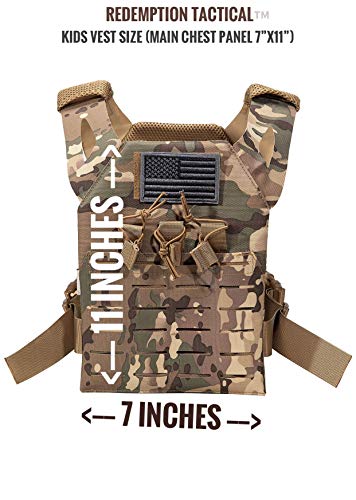 Childrens Tactical Airsoft Paintball Kids Vest, Free US Flag Patch, Mil Spec PALS Laser cut Molle Modular w/Mag Pouches (Multi-cam)