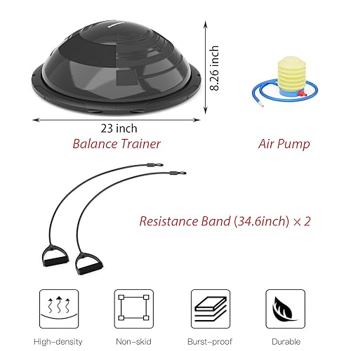 EVERYMILE Balance Ball Trainer with Resistance Bands & Pump Stability, 23.6 inch Yoga Exercise Ball for Home Gym Core Training Anti-Skid Surface Black