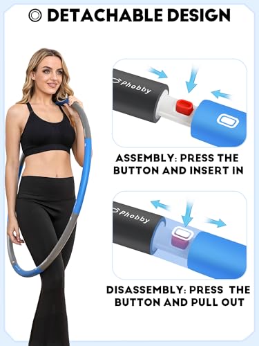 Phobby Weighted Exercise Hoop for Adults, 2.2lb Detachable Fitness Hoop, Adjustable Hoop with Jump Rope, Tape Measure and Carry Bag, Home Gym Workout (Blue Grey)