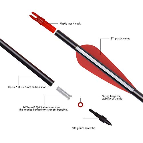 YLSIO Archery Carbon Arrow Hunting Target Practice Arrows 26 Inch with Removable Tips for Compound & Recurve Bow Spine 500 12PCS
