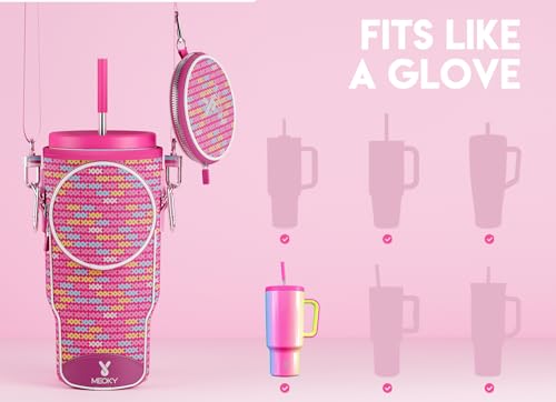 Meoky Water Bottle Carrier Bag with Phone Pocket for 40 oz Tumbler with Handle, Neoprene Water Bottle Holder Pouch with Adjustable Strap, 2 Carabiner Clips (Pink Bunny)
