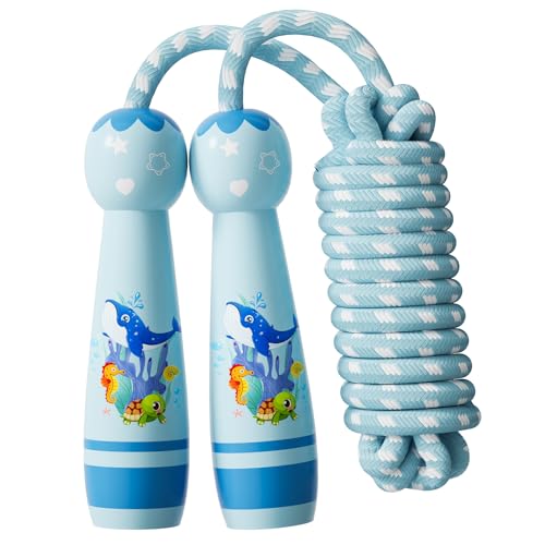 Jump Rope for Kids-Adjustable Cotton Braided Skipping Rope with Wooden Handle for Toddler Fitness Workout Exercise Outdoor Activity