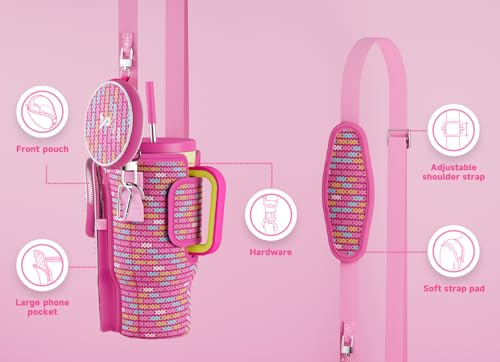 Meoky Water Bottle Carrier Bag with Phone Pocket for 40 oz Tumbler with Handle, Neoprene Water Bottle Holder Pouch with Adjustable Strap, 2 Carabiner Clips (Pink Bunny)