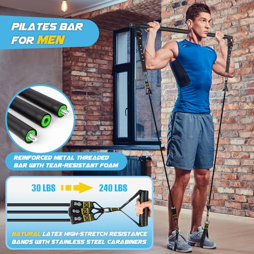 Pilates Bar Kit with Resistance Bands, Multifunctional Metal Exercise Bar with Heavy-Duty Metal Adjustment Buckle, Portable Home Gym Pilates Resistance Bar Kit for Heavy Weight Training Men&Women