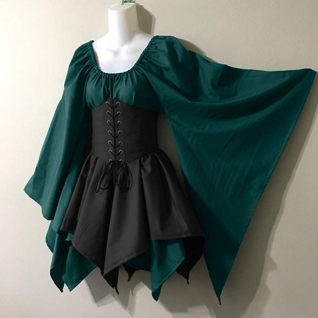 KEGIRLOM Ofertas Relampago Del Dia Para Mujer Women's Medieval Renaissance Dress Costume Flare Sleeve Corset Skirt Overskirt Elven Archer Irish Over Gown 2pcs Set,Regency Era Dress for Women