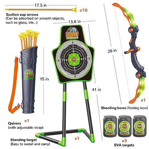 GMAOPHY Bow and Arrow for 5 6 7 8 9 10 11+ Year Old Boys, Birthday Gift for Kids, Indoor Outdoor Activity Toys, 2 Pack LED Light Up Archery Toy with 20 Suction Cup Arrows, Standing Target, 2 Quiver