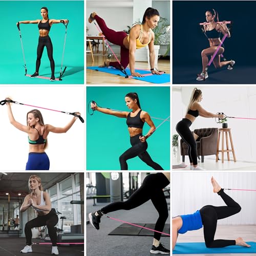 Portable Pilates Bar and Resistance Band Set with Handles. Multifunctional Family Gym with Door Anchor, Ankle Strap and Extended Rope - with Fitness Poster and Exercise Video