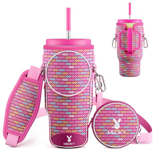 Meoky Water Bottle Carrier Bag with Phone Pocket for 40 oz Tumbler with Handle, Neoprene Water Bottle Holder Pouch with Adjustable Strap, 2 Carabiner Clips (Pink Bunny)