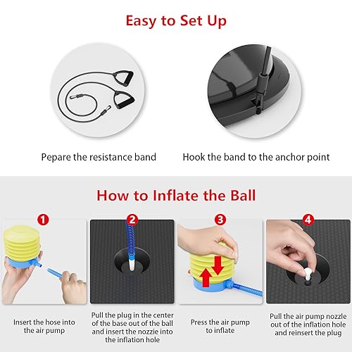 EVERYMILE Balance Ball Trainer with Resistance Bands & Pump Stability, 23.6 inch Yoga Exercise Ball for Home Gym Core Training Anti-Skid Surface Black