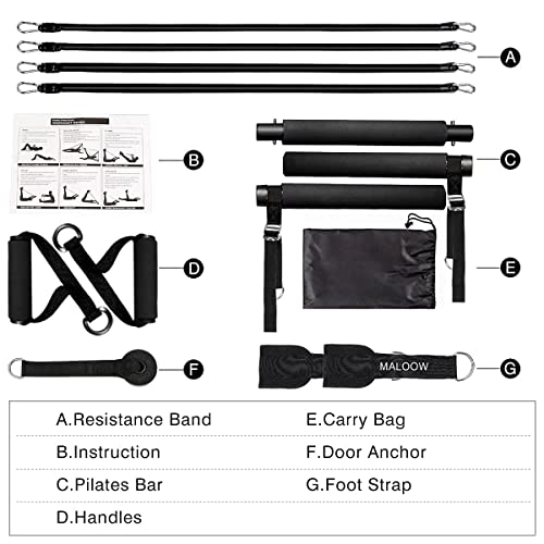MALOOW Adjustable Pilates Bar Kit with Resistance Bands,Portable Yoga Exercise Sticks&2 Sets Stackable Resistance Bands for Toning Muscle.Stretched Fusion Pilates Home Gym,Full Body Workout,(Black)