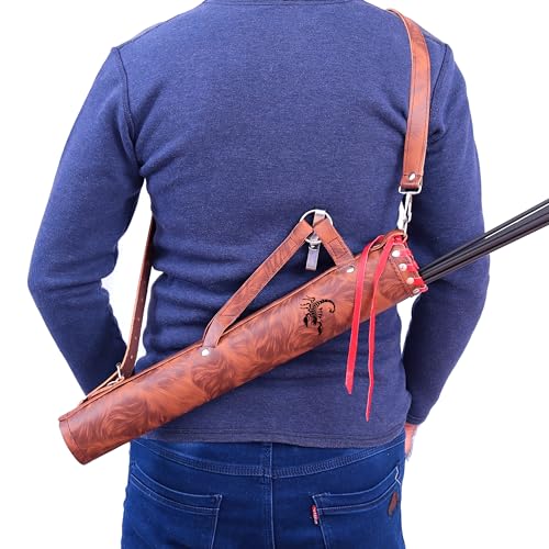 ONLYHANDMADE Traditional Shoulder Back Quiver Bow Leather Arrow Holder with Handmade Straps Belt Bag Tube-shaped Genuine Leather Archery Arrow Case for Hunting & Target Practicing (TIGER BROWN)