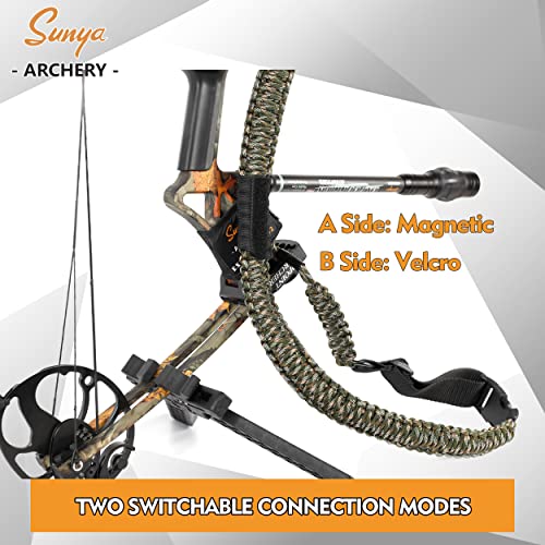 Sunya Paracord Compound Bow Sling with V2 Upgraded Magnetic Connection System. Lightweight Hands Free Shoulder Carrying Sling for Bow Hunting, Field Archery and 3D (Army Camo)