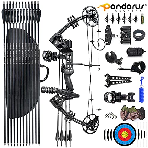 PANDARUS Compound Bow Set 15-45lbs for Pull Beginner and Teens Right Handed Adjustable 18"-29" Draw Length, 320 FPS Speed, Hunting Bow Archery Set New 2024(Black Right Handed PRO)