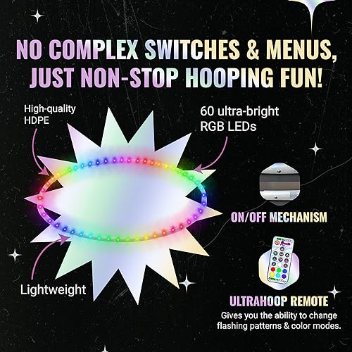 UltraHoop Remote LED Hoop - Wireless Control 60 Color Changing LED Lights w/ 300+ Modes & Patterns - Rechargeable Battery, HDPE Collapsible, Advanced to Beginner Hoola Hoops - 34” x 3/4" OD - UltraPoi