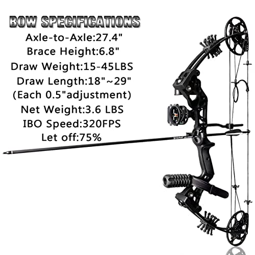 PANDARUS Compound Bow Set 15-45lbs for Pull Beginner and Teens Right Handed Adjustable 18"-29" Draw Length, 320 FPS Speed, Hunting Bow Archery Set New 2024(Black Right Handed)