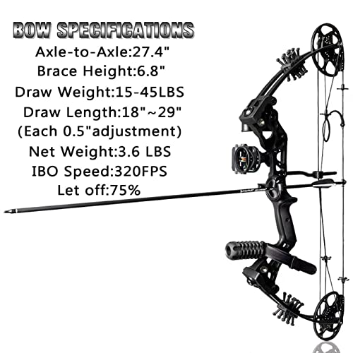 PANDARUS Compound Bow Set 15-45lbs for Pull Beginner and Teens Right Handed Adjustable 18"-29" Draw Length, 320 FPS Speed, Hunting Bow Archery Set New 2024(Black Right Handed PRO)