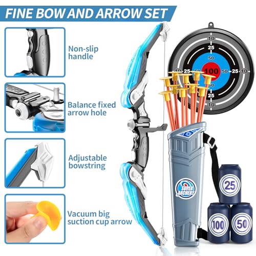 Bow and Arrow Set for Kids - LED Light Up Archery Set - Includes 10 Suction Cup Arrows, 4 Target & Shoulder-Strapped Quiver, Outdoor Toys Archery Boys Toys Gifts for 3-12 Years Old Boys Girls