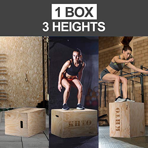 KHTO FITNESS Wood Plyometric Jump Box- 3-in-1 Wood Plyo Box for Exercise Training and Conditioning- Pre-drilled for Easy Assembling (16" x 14" x 12")