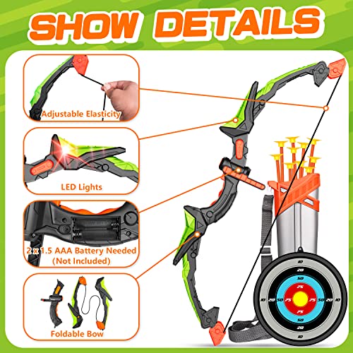 Bigdream Detachable Kids Bow and Arrow Toy 2 Sets, LED Light Up Archery Toys with Suction Cups Arrows, Outdoor Indoor Shooting Games Toys for Boys Grils Birthday Gifts