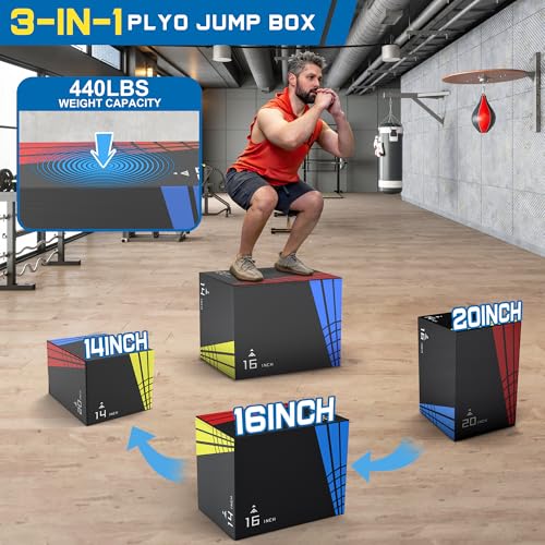 Heavy Foam Plyometric Jump Box, 3 in 1 Plyo Box with Non-Slip Surface, Box Jumps for home Gym, Box-Squat, Step-up, Jumping, Trainer for Workout Exercise, Multiple Size