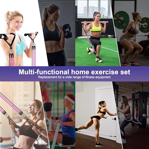 Portable Pilates Bar and Resistance Band Set with Handles. Multifunctional Family Gym with Door Anchor, Ankle Strap and Extended Rope - with Fitness Poster and Exercise Video