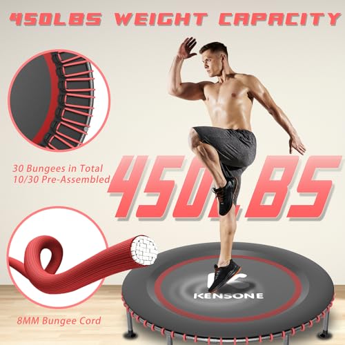 KENSONE 40" Rebounder Trampoline for Adults with Bungee, 450LBS Quiet Mini Exercise Trampoline with Adjustable T-Shaped Foam Handle Bar, Fitness Trampoline for Indoor/Garden/Gym Workout