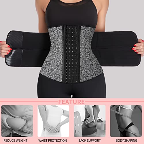 KIWI RATA Neoprene Sauna Waist Trainer Corset Sweat Belt with 2 Straps for Women Plus Size Compression Gym Workout Trimmer,#2 Hooks Grey,X-Small