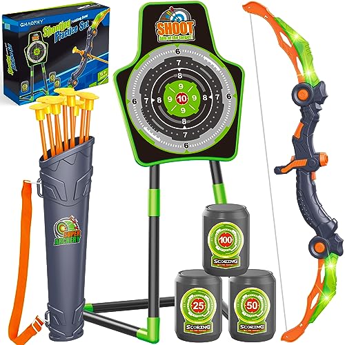 GMAOPHY Bow and Arrow for 5 6 7 8 9 10 11+ Year Old Boys, Birthday Gift for Kids, Indoor Outdoor Activity Toys, 2 Pack LED Light Up Archery Toy with 20 Suction Cup Arrows, Standing Target, 2 Quiver