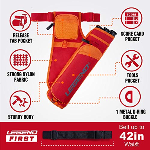 Legend First Archery Quiver Case for Arrows - Right Handed Target Shooting Hip Quivers with Adjustable Belt & 3 Arrow Tubes - Durable T-Slot & Storage Pockets for Accessories & Score Card - Red