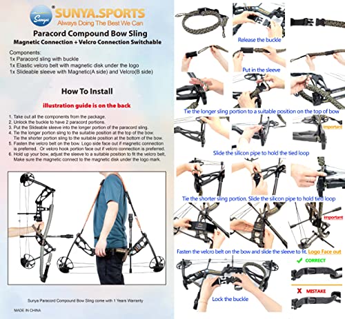 Sunya Paracord Compound Bow Sling with V2 Upgraded Magnetic Connection System. Lightweight Hands Free Shoulder Carrying Sling for Bow Hunting, Field Archery and 3D (Army Camo)